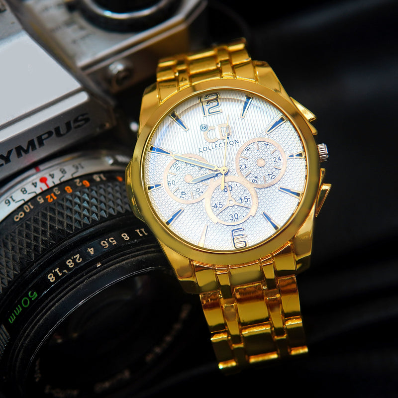 Stainless Gold Band Quartz Wrist Watch Black CD Collection Turntable Dial Men