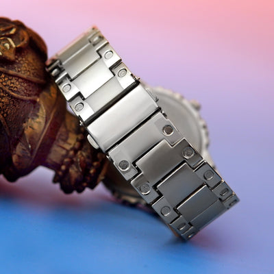 Stainless Silver Band Quartz Wrist Watch Silver CD Collection Turntable Dial Men