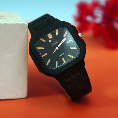 Stainless Black Band Quartz Wrist Watch Black CD Collection Turntable Dial Men