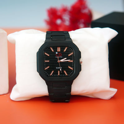 Stainless Black Band Quartz Wrist Watch Black CD Collection Turntable Dial Men